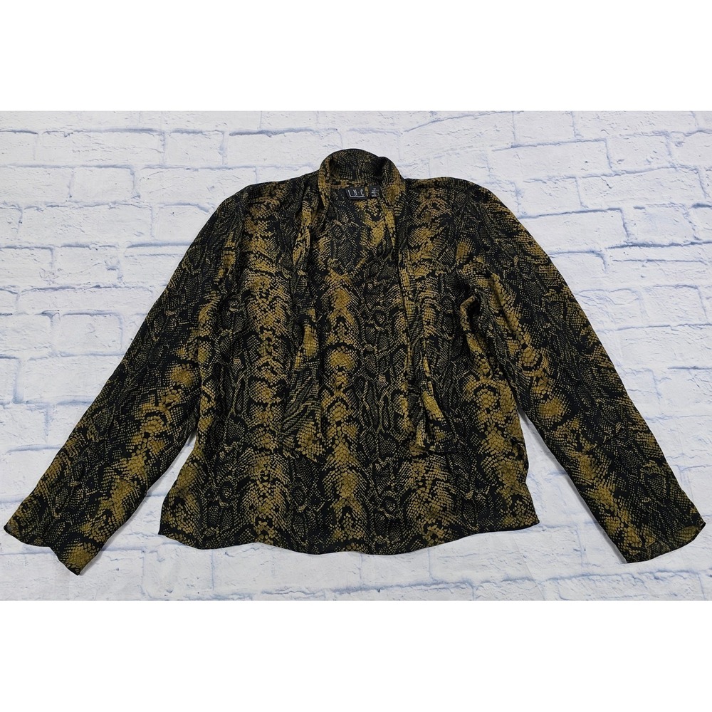 INC Blouse WOMENS 14 Olive Snakeskin 100% Silk Tie Neck Long Sleeve Animal Print